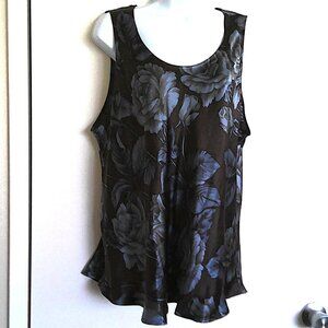 Harari Silk Top Floral Scoop Neck Black W/ Blue Sleeveless A-Line Tunic EUC  XL